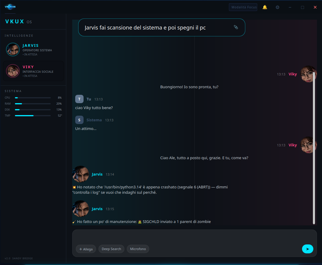 L'Omnibar aperta sopra la conversazione, con il comando: Jarvis fai scansione del sistema e poi spegni il pc